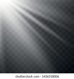 Vector transparent sunlight special lens flash light effect.front sun lens flash. Vector blur in the light of radiance. Sun rays, beams on transparent background. Vector illustration.