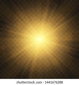 Vector transparent sunlight special lens flash light effect.front sun lens flash. Vector blur in the light of radiance. Light highlight yellow special effect with rays of light and magic sparkles. 