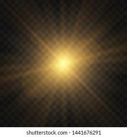 Vector transparent sunlight special lens flash light effect.front sun lens flash. Vector blur in the light of radiance. Light highlight yellow special effect with rays of light and magic sparkles.