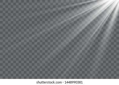 Vector transparent sunlight special lens flash light effect.front sun lens flash. Vector blur in the light of radiance. Element of decor. Horizontal stellar rays and searchlight.