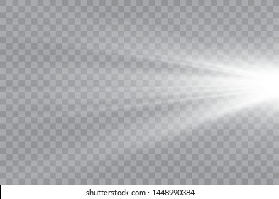 Vector transparent sunlight special lens flash light effect.front sun lens flash. Vector blur in the light of radiance. Element of decor. Horizontal stellar rays and searchlight.