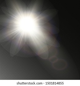 Vector transparent sunlight special lens flash light effect.front sun lens flash. Vector blur in the light of radiance. Element of decor.