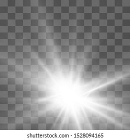 Vector transparent sunlight special lens flash light effect.front sun lens flash. Vector blur in the light of radiance. Element of decor. Horizontal stellar rays and searchlight.
