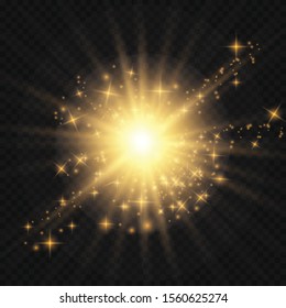 Vector transparent sunlight special lens flash light effect.front sun lens flash. Vector blur in the light of radiance. Light highlight yellow special effect with rays of light and magic sparkles. Sun
