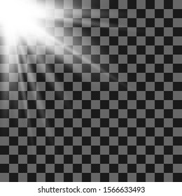 Vector transparent sunlight special lens flash light effect.front sun lens flash. Vector blur in the light of radiance. Element of decor. Horizontal stellar rays and searchlight.
