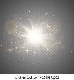 Vector transparent sunlight special lens flash light effect.front sun lens flash. Vector blur in the light of radiance. Element of decor. Horizontal stellar rays and searchlight.