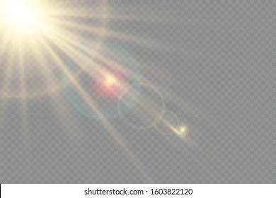 Vector transparent sunlight special lens flash light effect.front sun lens flash. Vector blur in the light of radiance. Element of decor. Horizontal stellar rays and searchlight.