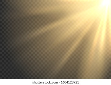 Vector transparent sunlight special lens flash light effect.front sun lens flash. Vector blur in the light of radiance. Element of decor. Horizontal stellar rays and searchlight.