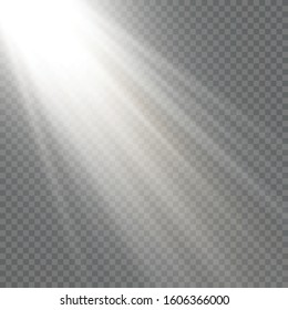 Vector transparent sunlight special lens flash light effect.front sun lens flash. Vector blur in the light of radiance. Element of decor. Horizontal stellar rays and searchlight.