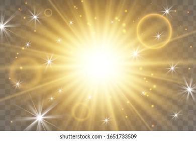 Vector transparent sunlight special lens flash light effect.front sun lens flash. Vector blur in the light of radiance. Element of decor. Horizontal stellar rays and searchlight.