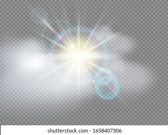 Vector transparent sunlight special lens flare light effect. Sun flash with rays and spotlight