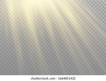 Vector transparent sunlight special lens flash light effect.front sun lens flash. Vector blur in the light of radiance. Element of decor. Horizontal stellar rays and searchlight.