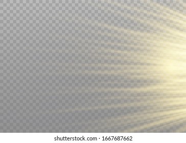 Vektorillustration transparentes Sonnenlicht Sonderobjektiv Blitzlichteffekt.Frontlinse Blitz. Vektorillustration unscharf im Licht der Strahlung. Dekor. Horizontale Sternenstrahlen und Suchlicht.