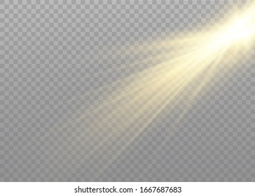 Vector transparent sunlight special lens flash light effect.front sun lens flash. Vector blur in the light of radiance. Element of decor. Horizontal stellar rays and searchlight.