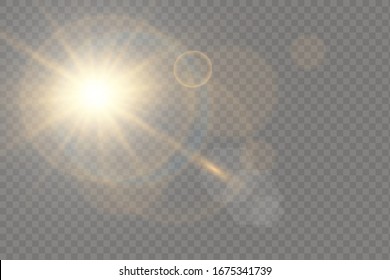 Vector transparent sunlight special lens flash light effect.front sun lens flash. Vector blur in the light of radiance. Element of decor. Horizontal stellar rays and searchlight