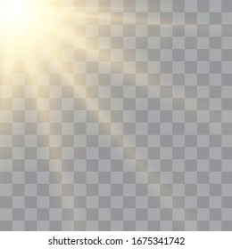 Vector transparent sunlight special lens flash light effect.front sun lens flash. Vector blur in the light of radiance. Element of decor. Horizontal stellar rays and searchlight