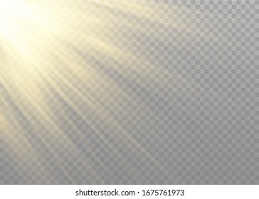 Vector transparent sunlight special lens flash light effect.front sun lens flash. Vector blur in the light of radiance. Element of decor. Horizontal stellar rays and searchlight.
