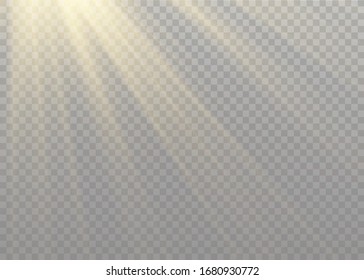Vector transparent sunlight special lens flash light effect.front sun lens flash. Vector blur in the light of radiance. Element of decor. Horizontal stellar rays and searchlight.