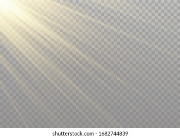 Vector transparent sunlight special lens flash light effect.front sun lens flash. Vector blur in the light of radiance. Element of decor. Horizontal stellar rays and searchlight.