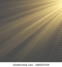 Vector transparent sunlight special lens flash light effect.front sun lens flash. Vector blur in the light of radiance. Element of decor. Horizontal stellar rays and searchligh