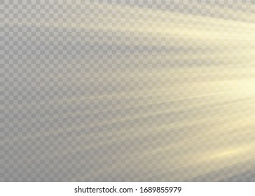 Vector transparent sunlight special lens flash light effect. front sun lens flash. Vector blur in the light of radiance. Element of decor. Horizontal stellar rays and searchlight.