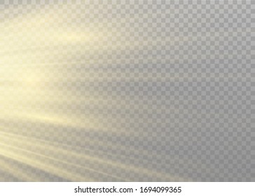 Vector transparent sunlight special lens flash light effect. front sun lens flash. Vector blur in the light of radiance. Element of decor. Horizontal stellar rays and searchlight.