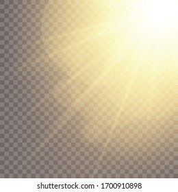 Vector transparent sunlight special lens flash light effect.front sun lens flash. Vector blur in the light of radiance. Element of decor. Horizontal stellar rays and searchlight.