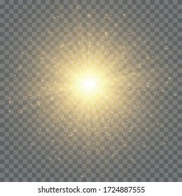 Vector transparent sunlight special lens flash light effect.front sun lens flash. Vector blur in the light of radiance. Light highlight yellow special effect with rays of light and magic sparkles. Sun