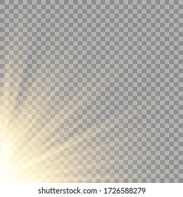 Efecto de luz de flash especial de lente de luz solar transparente.flash de lente solar frontal. El vector se desdibuja a la luz de la radiación. Elemento de decoración. Rayos estelares horizontales y luz reflectante. 