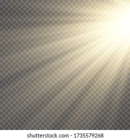 Vector transparent sunlight special lens flash light effect.front sun lens flash. Vector blur in the light of radiance. Element of decor. Horizontal stellar rays and searchlight. 