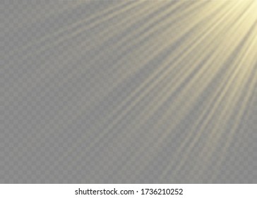 Vector transparent sunlight special lens flash light effect.front sun lens flash. Vector blur in the light of radiance. Element of decor. Horizontal stellar rays and searchlight.