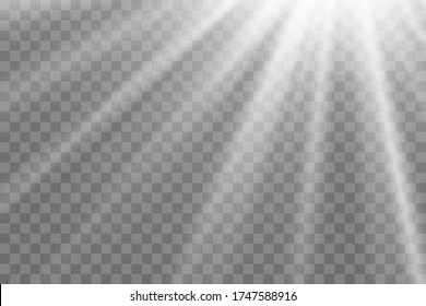 Vector transparent sunlight special lens flash light effect.front sun lens flash. Vector blur in the light of radiance. White element of decor. Horizontal stellar rays and searchlight.
