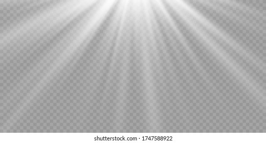 Vector transparent sunlight special lens flash light effect.front sun lens flash. Vector blur in the light of radiance. White element of decor. Horizontal stellar rays and searchlight.