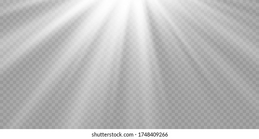 Vektortransparentes Sonnenlicht Sonderobjektiv Blitzlichteffekt.Frontlinse Blitz. Vektorunschärfe im Licht der Strahlung. Dekor. Horizontale Sternenstrahlen und Suchlicht.