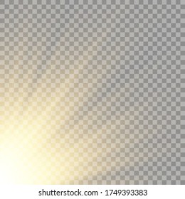 Vector transparent sunlight special lens flash light effect.front sun lens flash. Vector blur in the light of radiance. Element of decor. Horizontal stellar rays and searchlight. 