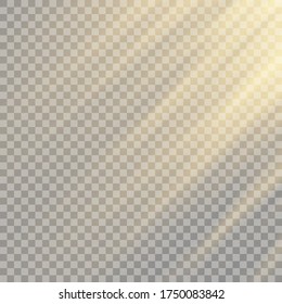 Vector transparent sunlight special lens flash light effect.front sun lens flash. Vector blur in the light of radiance. Element of decor. Horizontal stellar rays and searchlight.