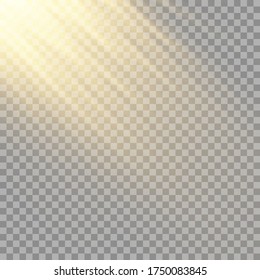 Vector transparent sunlight special lens flash light effect.front sun lens flash. Vector blur in the light of radiance. Element of decor. Horizontal stellar rays and searchlight.