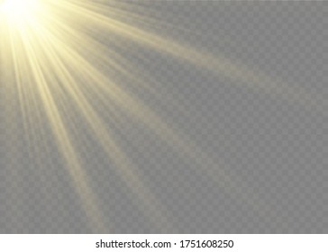 .Vector transparent sunlight special lens flash light effect.front sun lens flash. Vector blur in the light of radiance. Element of decor. Horizontal stellar rays and searchlight.