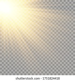 Vector transparent sunlight special lens flash light effect.front sun lens flash. Vector blur in the light of radiance. Element of decor. Horizontal stellar rays and searchlight. 