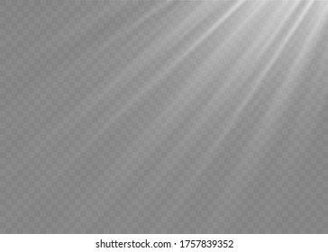 Vector transparent sunlight special lens flash light effect.front sun lens flash. Vector blur in the light of radiance. White element of decor. Horizontal stellar rays and searchlight.