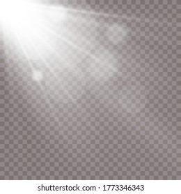 Vector transparent sunlight special lens flash light effect.front sun lens flash. Vector blur in the light of radiance. Element of decor. Horizontal stellar rays and searchlight.