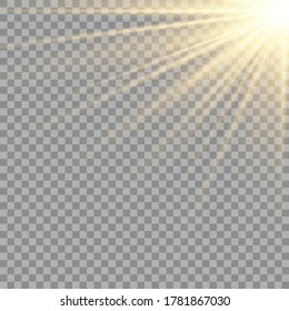 Vector transparent sunlight special lens flash light effect.front sun lens flash. Vector blur in the light of radiance. Element of decor. Horizontal stellar rays and searchlight. 