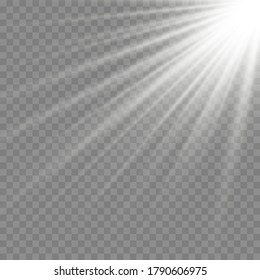 Vector transparent sunlight special lens flash light effect.front sun lens flash. Vector blur in the light of radiance. White element of decor. Horizontal stellar rays and searchlight.