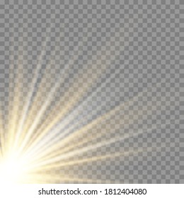 Vector transparent sunlight special lens flash light effect.front sun lens flash. Vector blur in the light of radiance. Element of decor. Horizontal stellar rays and searchlight.