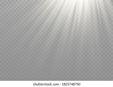 Vector transparent sunlight special lens flash light effect.front sun lens flash. Vector blur in the light of radiance. White element of decor. Horizontal stellar rays and searchlight.