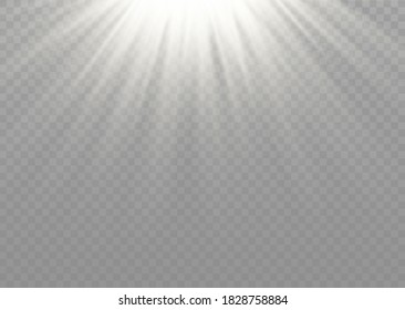Vektortransparentes Sonnenlicht Sonderobjektiv Blitzlichteffekt.Frontlinse Blitz. Vektorunschärfe im Licht der Strahlung. Weißes Dekor. Horizontale Sternenstrahlen und Suchlicht.