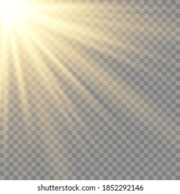 Vector transparent sunlight special lens flash light effect.front sun lens flash. Vector blur in the light of radiance. Element of decor. Horizontal stellar rays and searchlight.