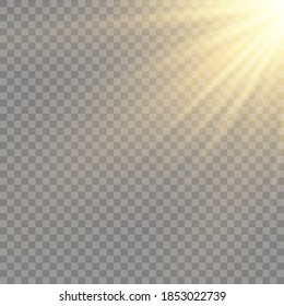 Vector transparent sunlight special lens flash light effect.front sun lens flash. Vector blur in the light of radiance. Element of decor. Horizontal stellar rays and searchlight.