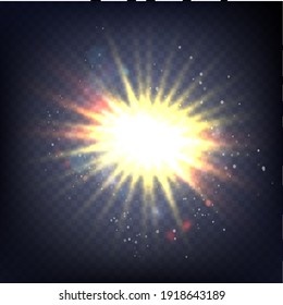 Vector transparent sunlight special lens flash light effect.front sun lens flash. Vector blur in the light of radiance. Element of decor. Horizontal stellar rays and searchlight.