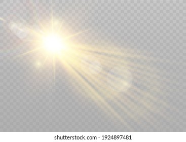 Vector transparent sunlight special lens flash light effect.front sun lens flash. Vector blur in the light of radiance. Element of decor. Horizontal stellar rays and searchlight.
